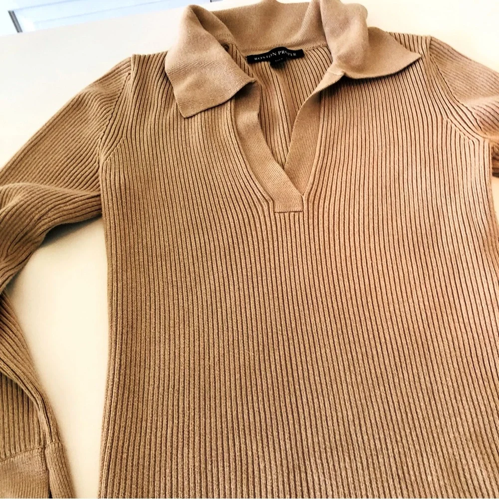 Boston Proper Ribbed Polo Sweater Tan Small Knit Preppy Classic